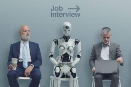 men and robot waiting for job interview