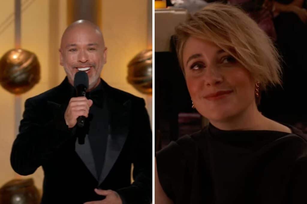 Jo Koy (left) delivering opening monologue at Golden Globes. Greta Gerwig (right) in the crowd