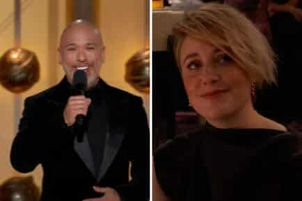 Jo Koy (left) delivering opening monologue at Golden Globes. Greta Gerwig (right) in the crowd